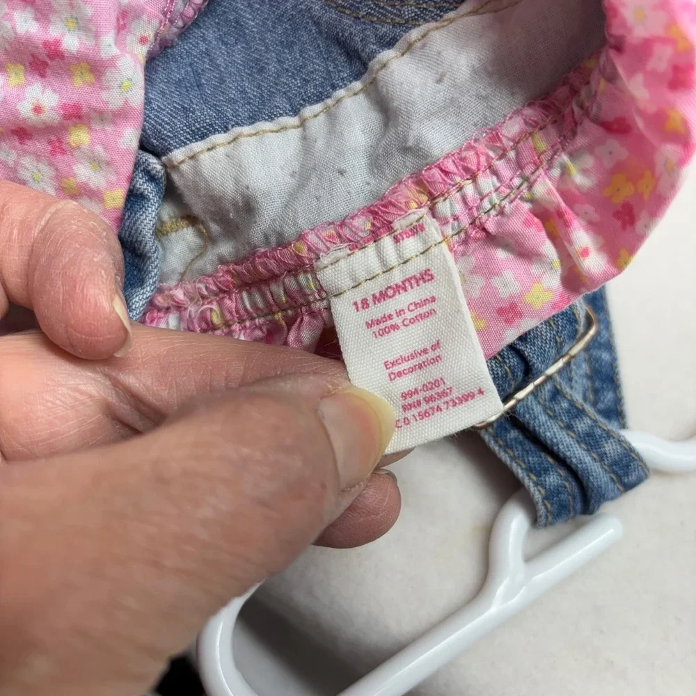 OshKosh B'gosh Baby Girls Denim Overalls Dress‎ Tiered Floral Ruffle Pink Green